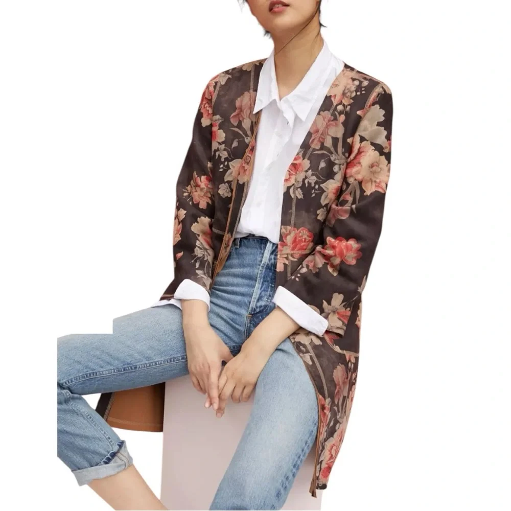 Solitaire Anthropologie Boho Floral Open Front Cardigan, Kimono, Suede Coat Sz M